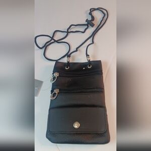 GENUINE LEATHER 3 ZIP BAG, ADJUSTABLE CORD STRAP, BLACK, 7 X 4.5".